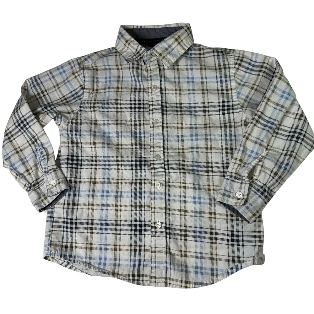 Free Planet Boys Plaid Button Down Shirt Size‎ Medium(5) Kids Cotton Blue Tan